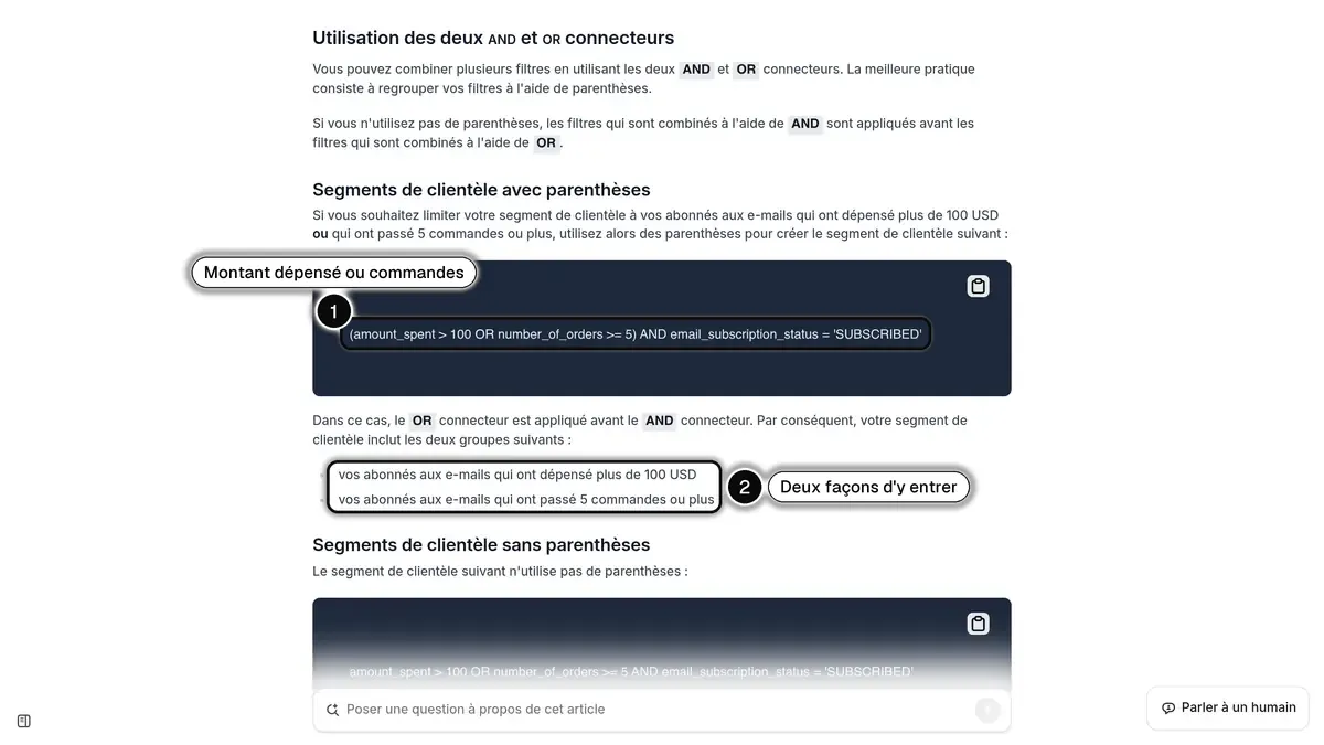 La page du centre d'aide Shopify sur les composants d'un segment de clientèle, avec un segment qui combine montant dépensé et nombre de commandes