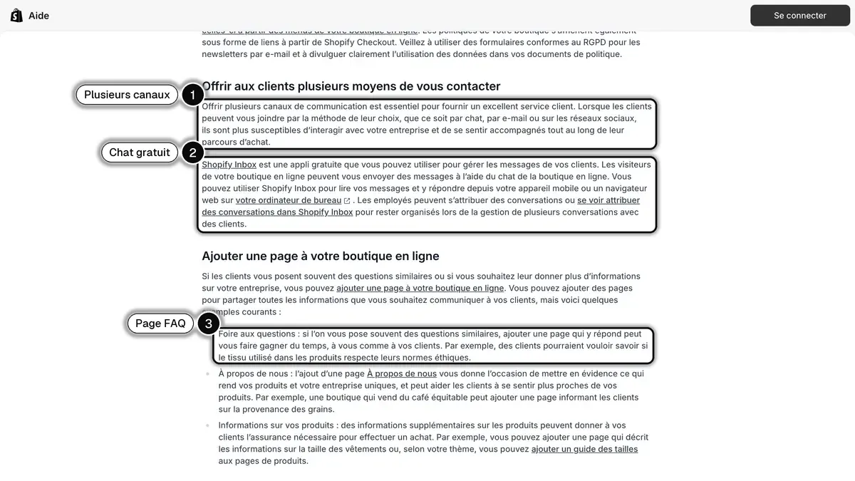 Page du centre d'aide Shopify sur le service client en ligne : plusieurs moyens de contact, Shopify Inbox et page FAQ