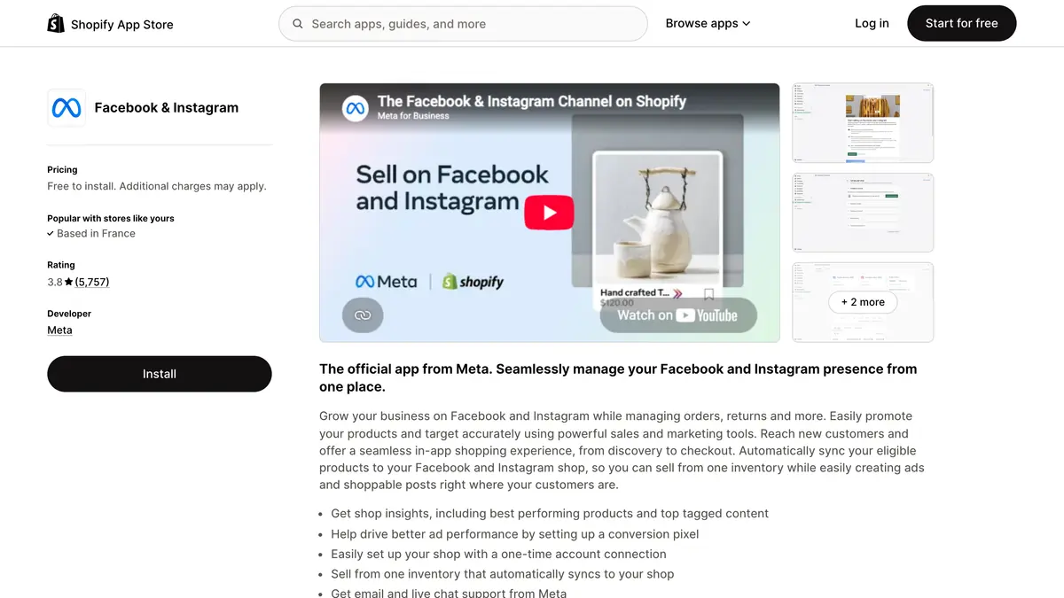 Facebook & Instagram listing on the Shopify App Store, the official sales channel published by Meta