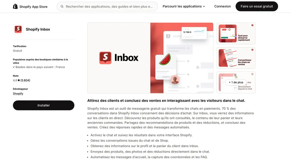 La fiche de Shopify Inbox sur le Shopify App Store, avec son prix et sa note