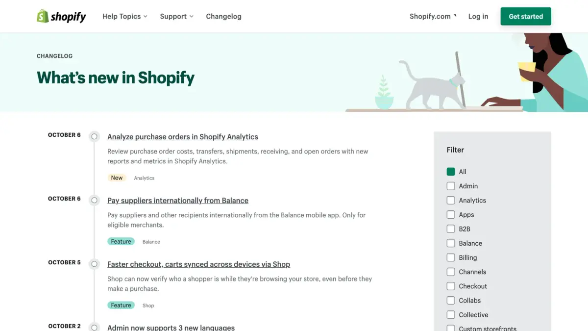 Shopify Changelog page listing the latest product updates announced by Shopify, October 2026