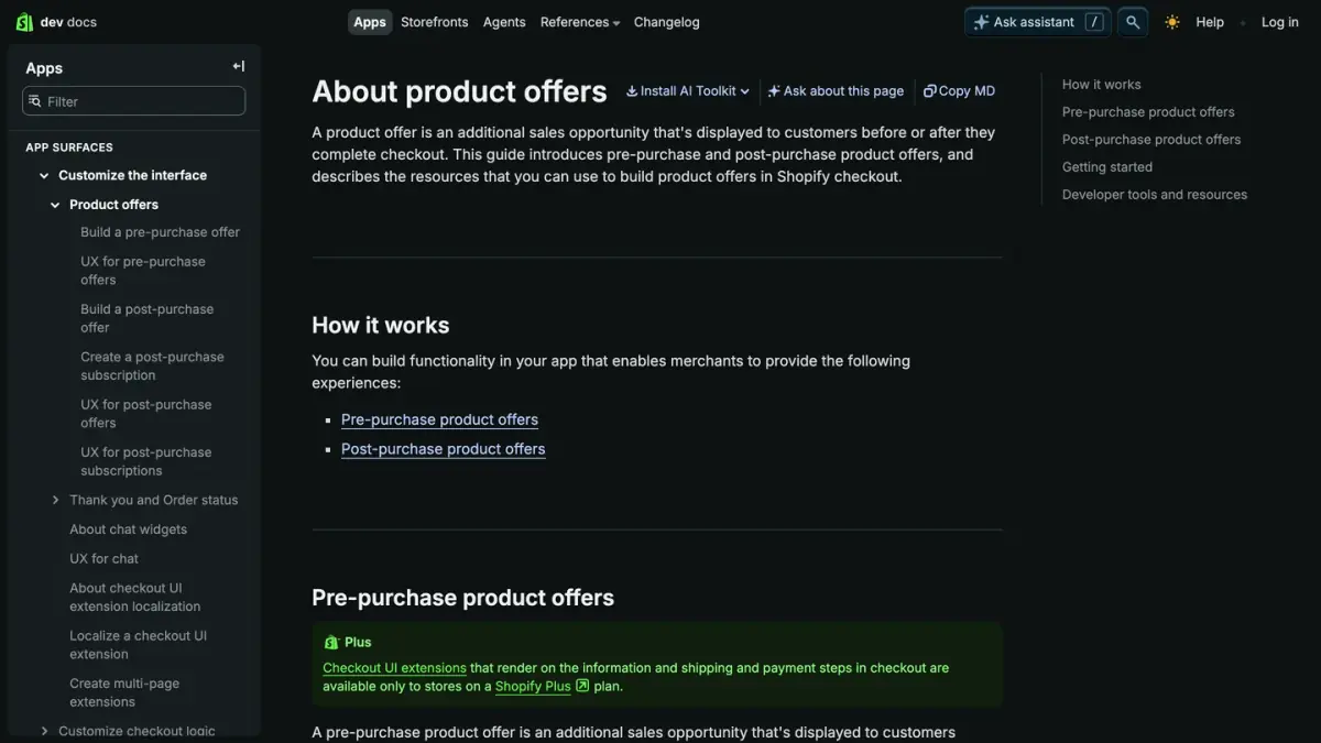 La documentation de Shopify pour les développeurs sur les offres de produits avant et après achat