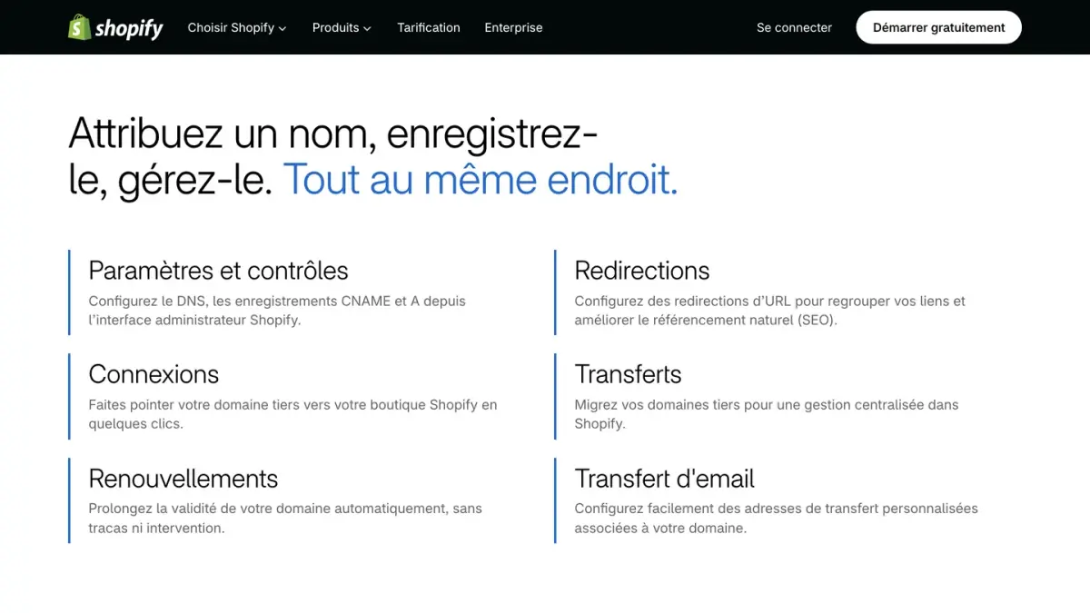 Rubriques de gestion des domaines sur la page Domaines de Shopify : paramètres DNS, redirections, connexions, transferts, renouvellements
