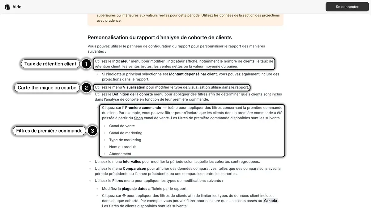 La section Personnalisation du rapport d'analyse de cohorte de clients du centre d'aide Shopify, avec le menu Indicateur, la visualisation et les filtres de première commande