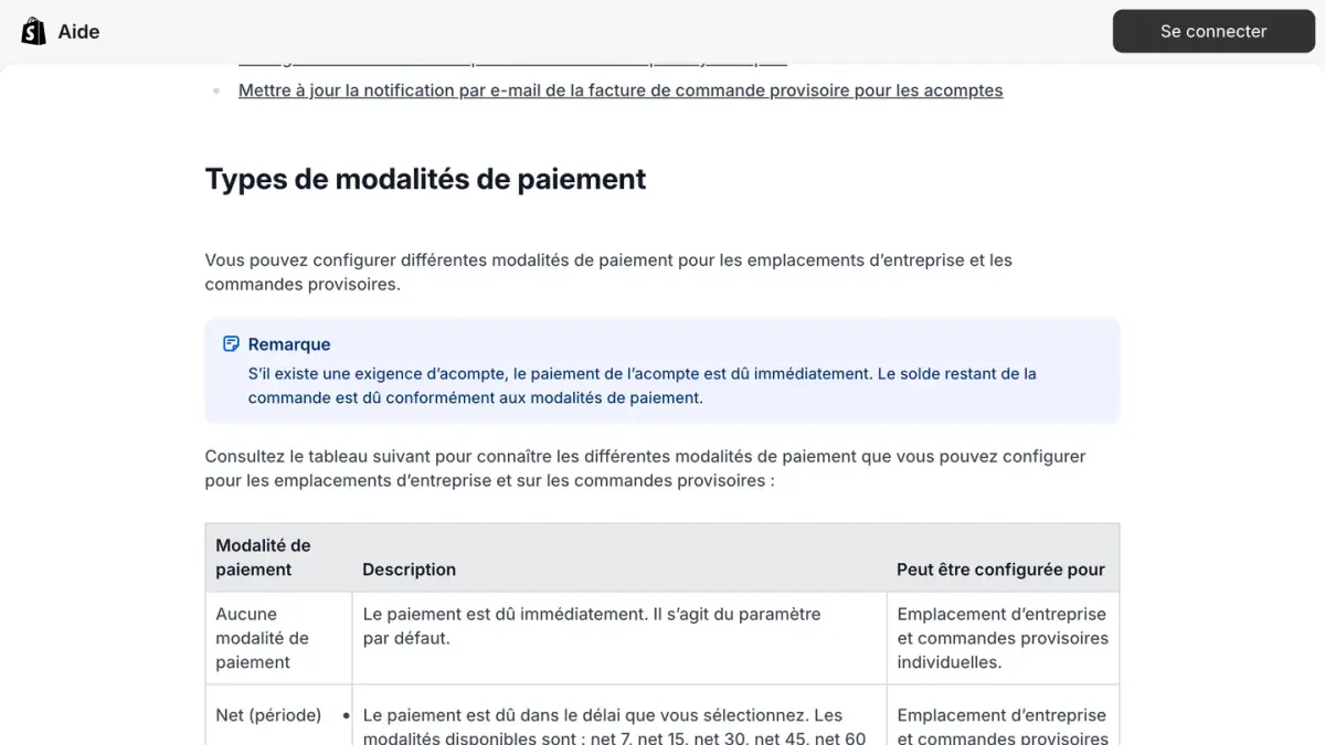 Le tableau des types de modalités de paiement B2B dans le centre d'aide Shopify