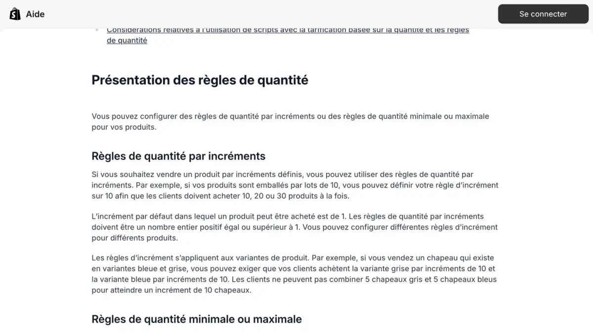 La présentation des règles de quantité en B2B dans le centre d'aide Shopify
