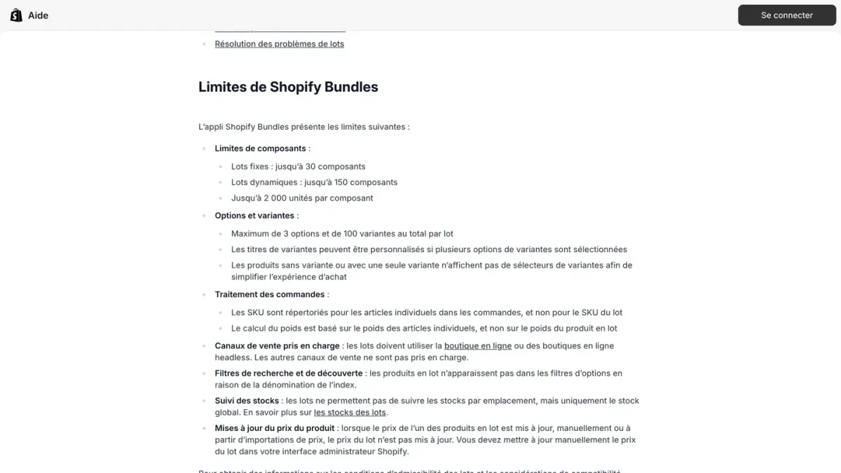 Article du centre d'aide de Shopify sur Shopify Bundles, section qui liste les limites de l'application