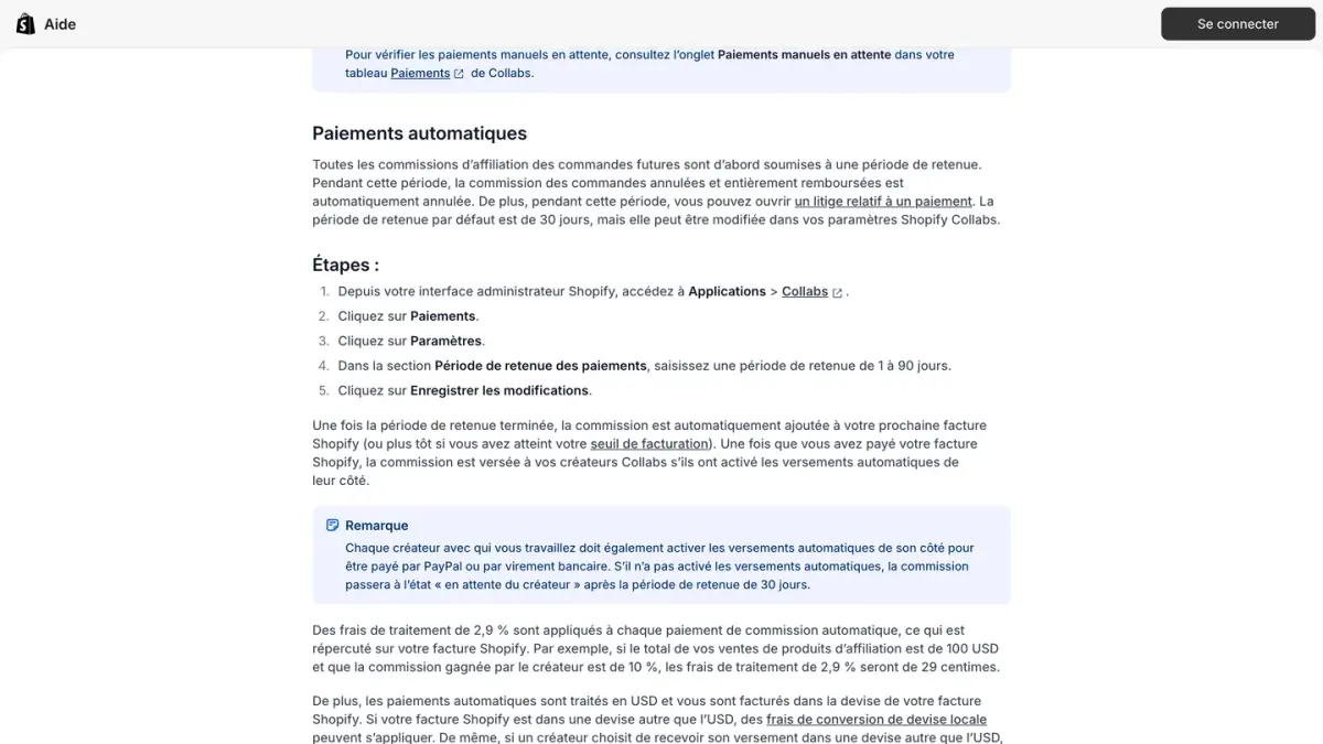 Article du centre d'aide de Shopify sur le paiement des créateurs Collabs, section paiements automatiques