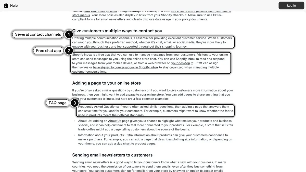 Shopify Help Center page on online customer service, recommending several contact channels and presenting Shopify Inbox and a FAQ page