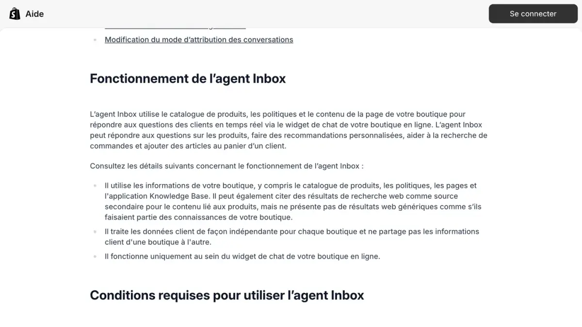 Le fonctionnement de l'agent Inbox expliqué dans le centre d'aide Shopify
