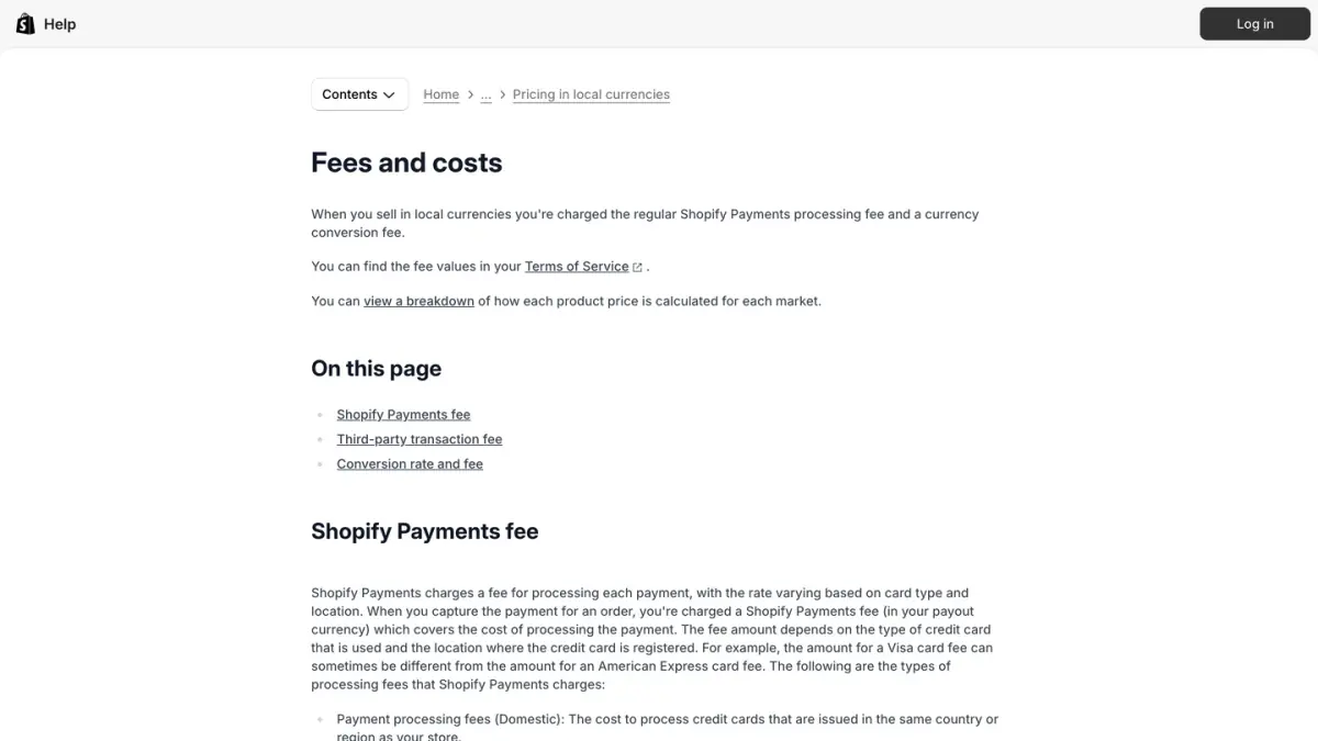 Shopify Help Center page on fees and costs when selling in local currencies, including the conversion fee