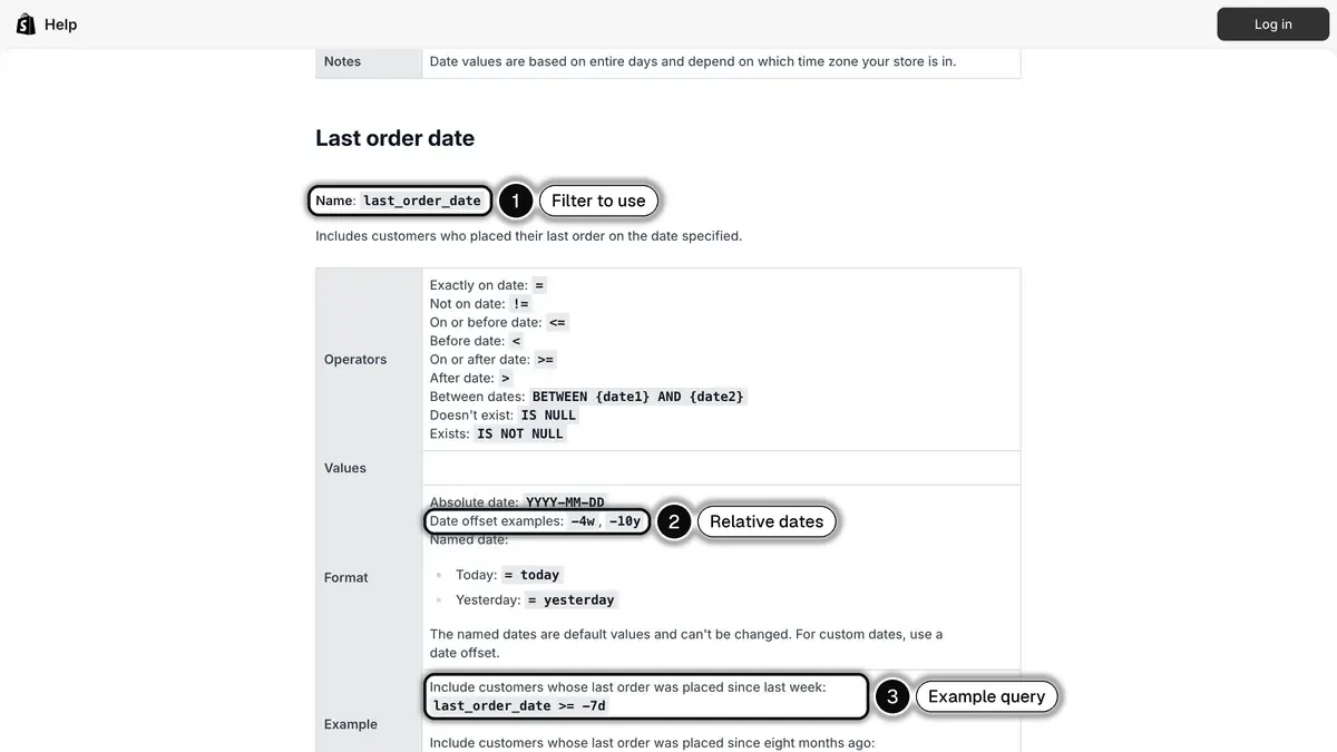 Shopify Help Center reference for the Last order date segment filter, with its name, the relative date format and an example query