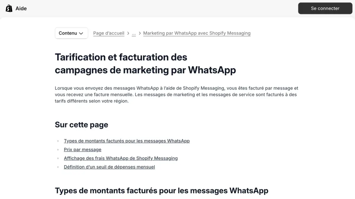La page du centre d'aide Shopify sur la tarification des campagnes WhatsApp de Shopify Messaging