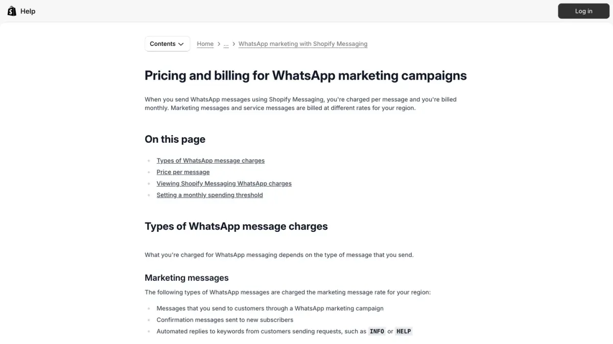 Shopify Help Center page on pricing and billing for WhatsApp marketing campaigns in Shopify Messaging