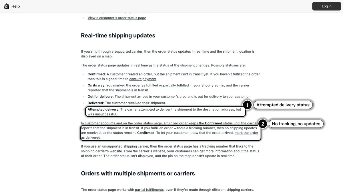 Shopify Help Center page listing the statuses of the order status page, including attempted delivery, and what happens without a tracking number