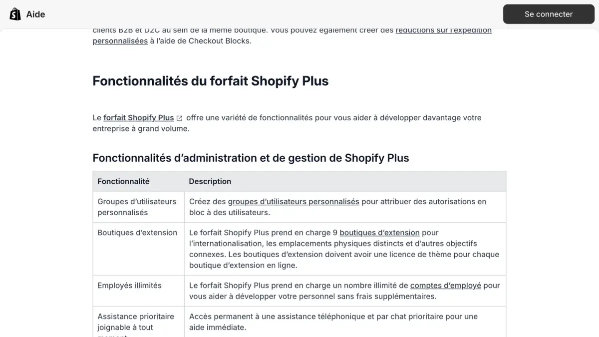 La liste des fonctionnalités du forfait Shopify Plus dans le centre d'aide Shopify