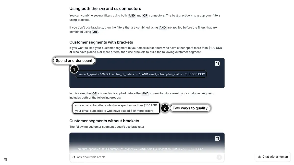 Shopify Help Center page on customer segment components, with a segment combining amount spent and number of orders