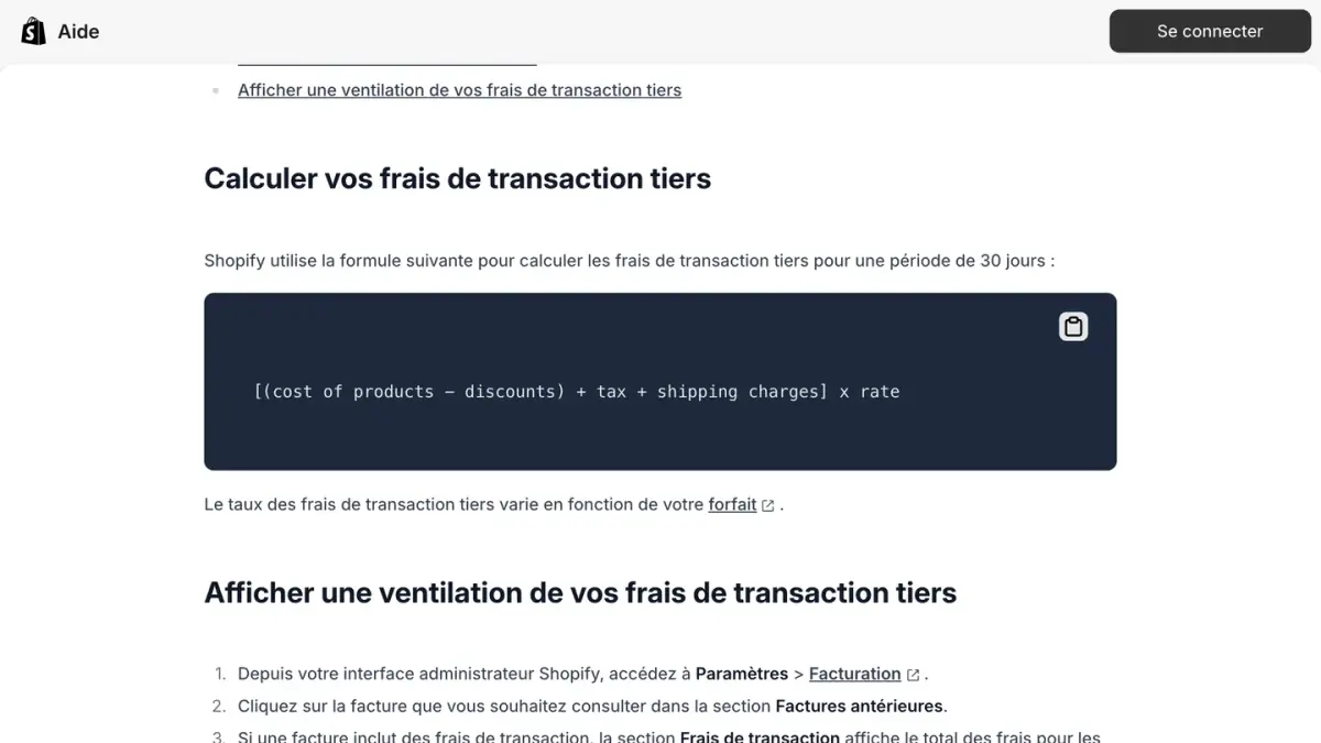 La page du centre d'aide Shopify sur le calcul des frais de transaction tiers