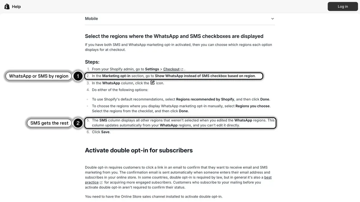 Shopify Help Center page on choosing the regions where the WhatsApp and SMS marketing checkboxes appear at checkout