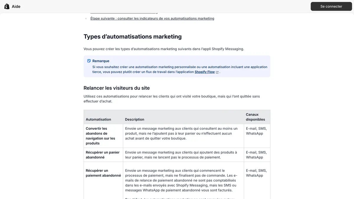 Le centre d'aide de Shopify en français sur les automatisations marketing de Shopify Messaging, avec les modèles de relance et leurs canaux : e-mail, SMS et WhatsApp