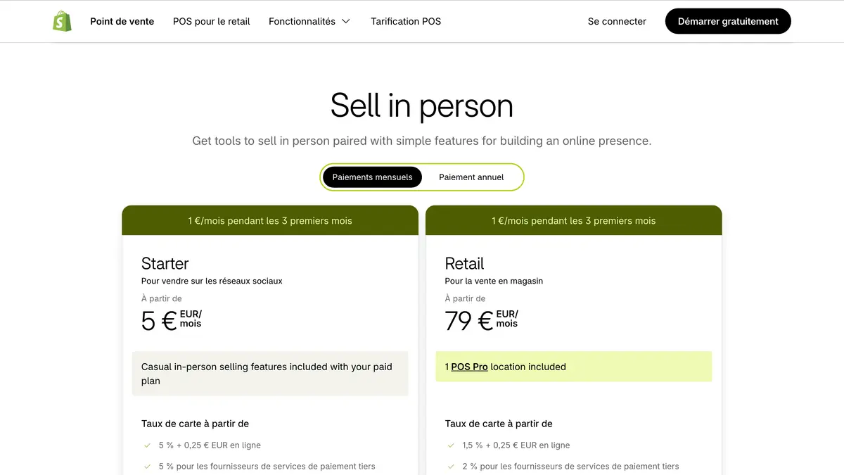 Page tarifs POS de Shopify France avec les forfaits Starter et Retail en euros
