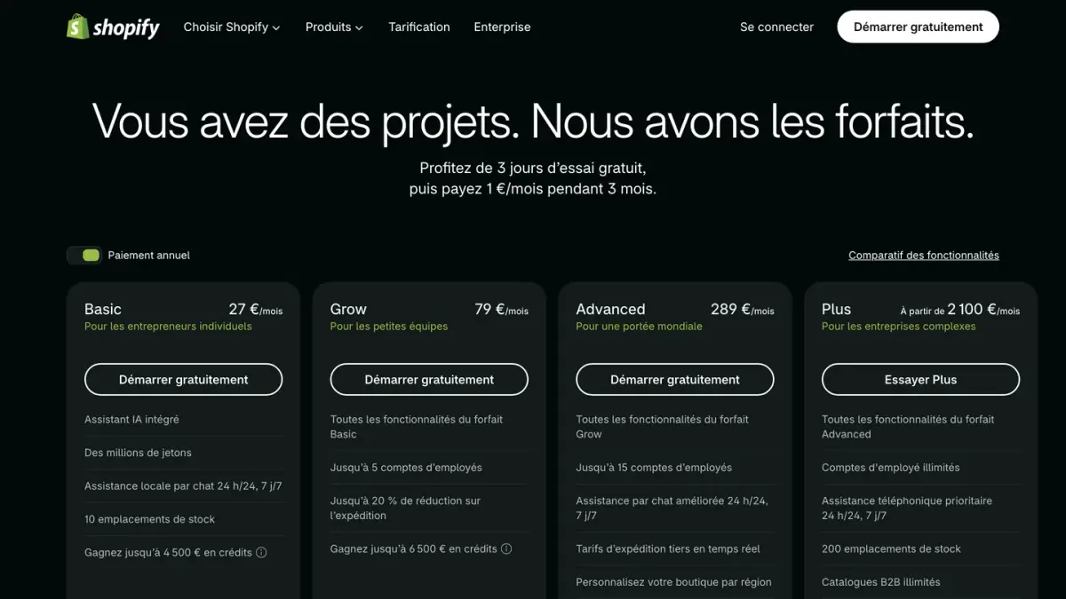 Les cartes des forfaits Basic, Grow, Advanced et Plus sur la page tarifs de Shopify France, octobre 2026