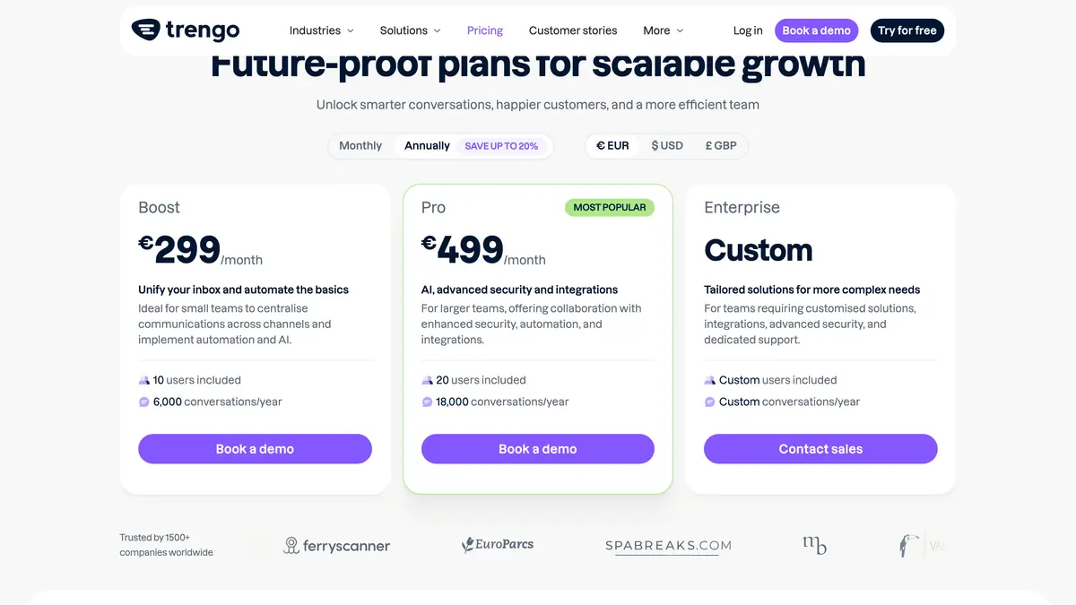 Trengo pricing page on annual billing, with Boost at €299 a month for 10 users and Pro at €499 a month for 20 users