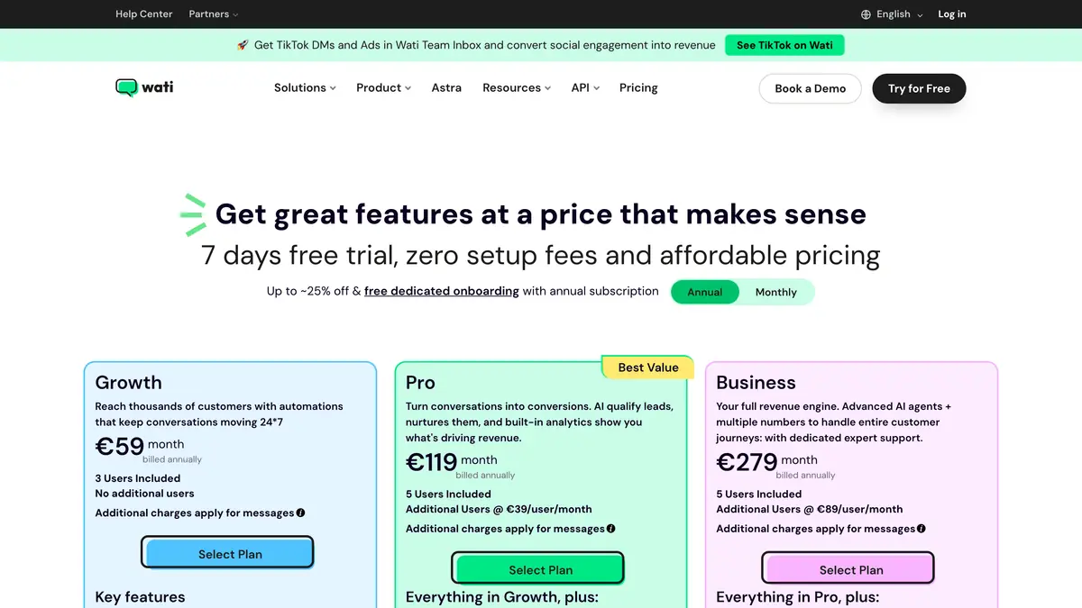 Wati pricing page on annual billing, with the Growth, Pro and Business plans at €59, €119 and €279 a month