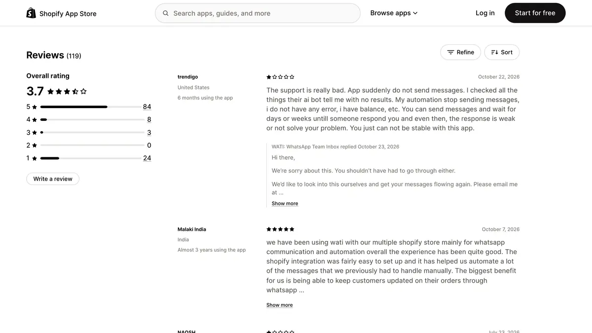 Shopify App Store reviews page for Wati: WA Cart Recovery & AI, with an overall rating of 3.7, 119 reviews and the share of each star level