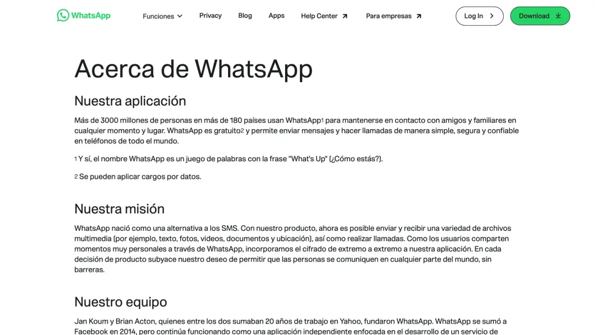 Página «Acerca de» de WhatsApp, con la cifra de usuarios que publica la empresa
