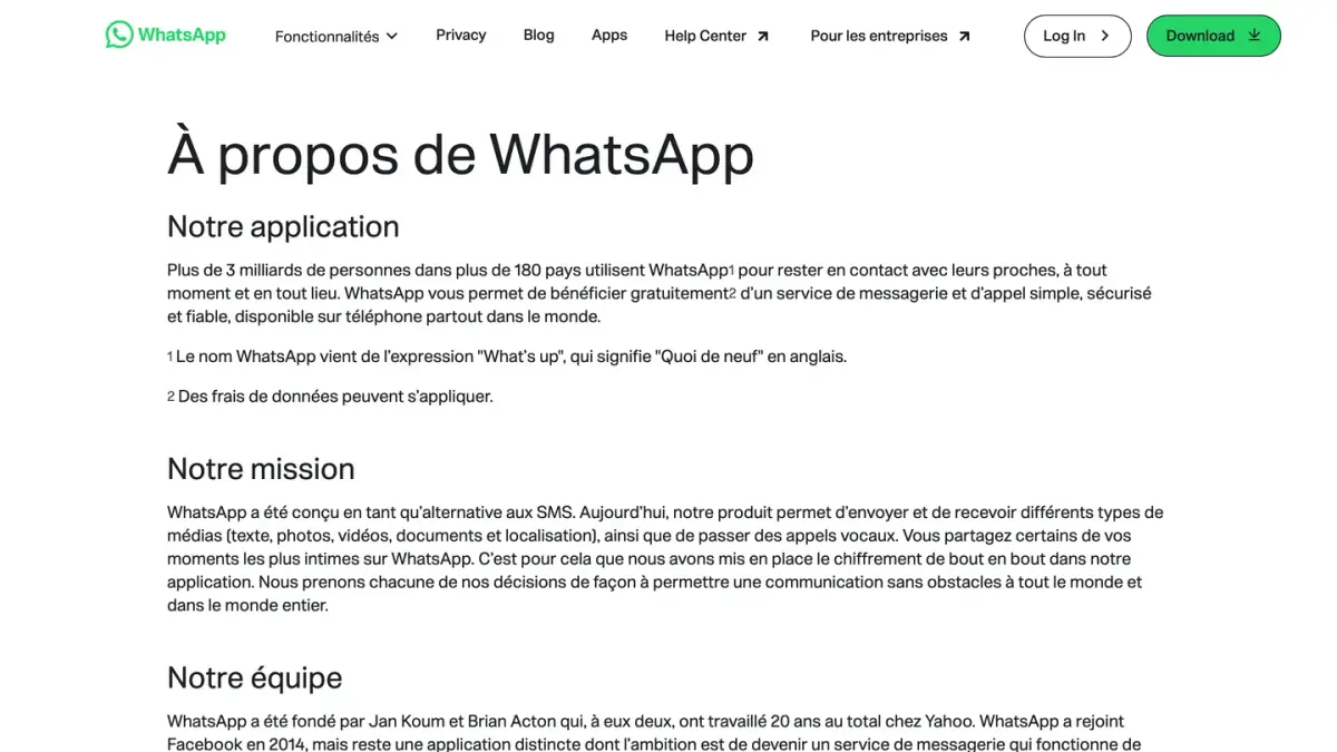 La page À propos de WhatsApp, qui annonce plus de 3 milliards d'utilisateurs dans 180 pays