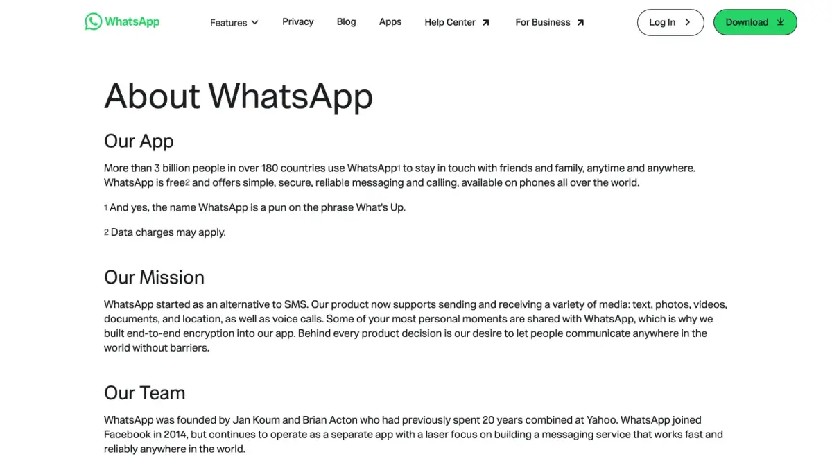 WhatsApp's About page stating that more than 3 billion people in over 180 countries use WhatsApp