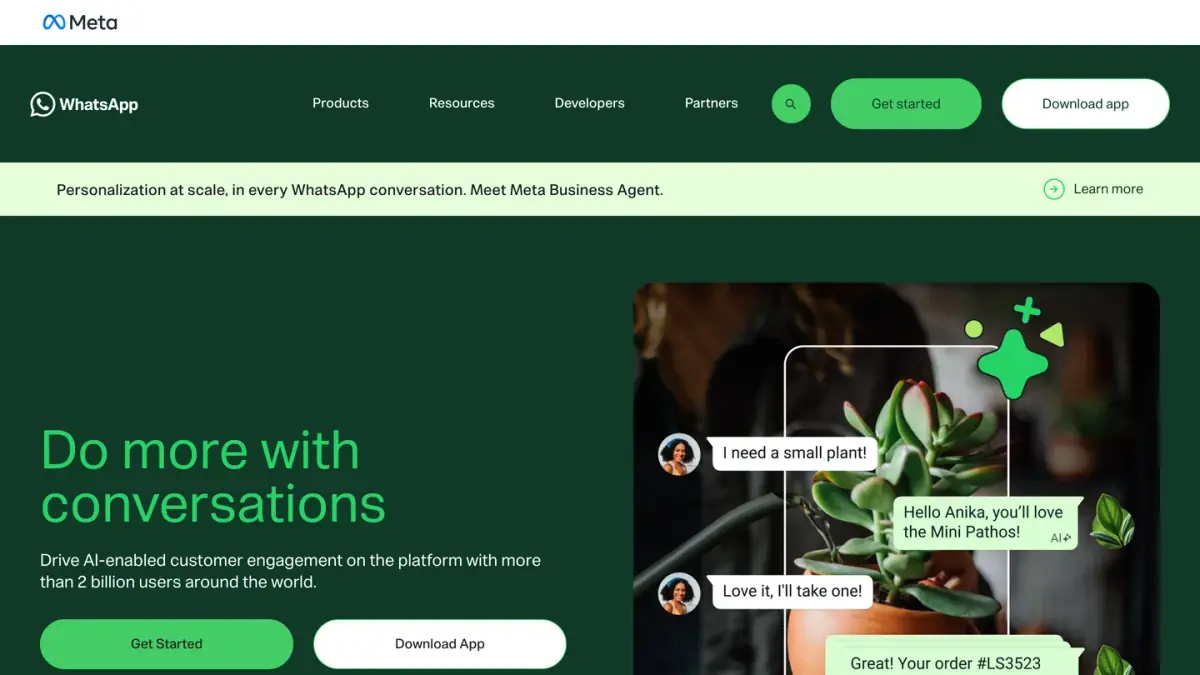 WhatsApp Business home page with an example of a product conversation between a shop and a customer