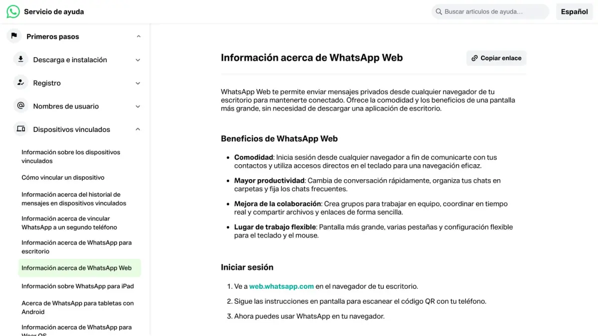 Página de ayuda de WhatsApp con información acerca de WhatsApp Web, la versión para navegador