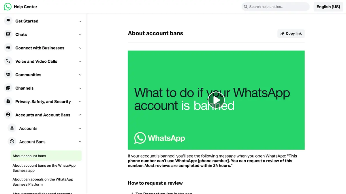 WhatsApp Help Center page about account bans, with the message shown and how to request a review