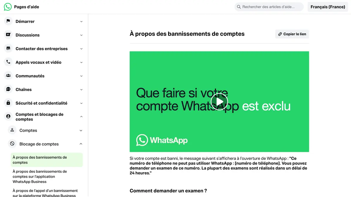 Page d'aide WhatsApp à propos des bannissements de comptes, avec le message affiché et la demande d'examen