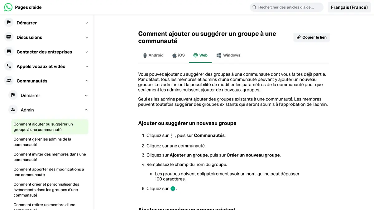 Page d'aide WhatsApp qui explique comment ajouter ou suggérer un groupe dans une communauté