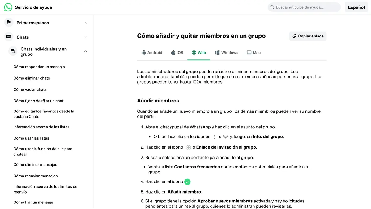 Página del servicio de ayuda de WhatsApp sobre cómo añadir y quitar miembros en un grupo