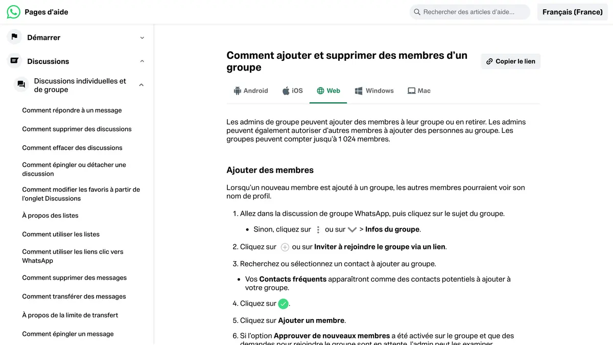 Page d'aide WhatsApp sur l'ajout et la suppression de membres dans un groupe par les admins