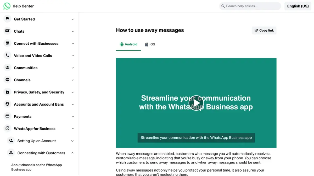 WhatsApp Help Center article on how to use away messages in the WhatsApp Business app