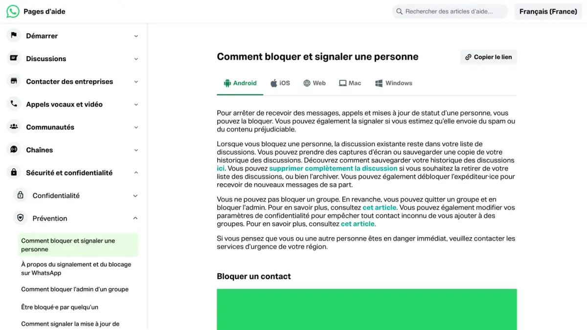 Page d'aide WhatsApp « Comment bloquer et signaler une personne », version Android