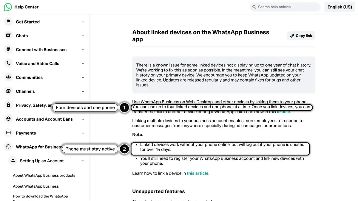 WhatsApp Help Center article on linked devices in the WhatsApp Business app, with the limit of four linked devices and one phone (1) and the 14-day logout rule (2) highlighted