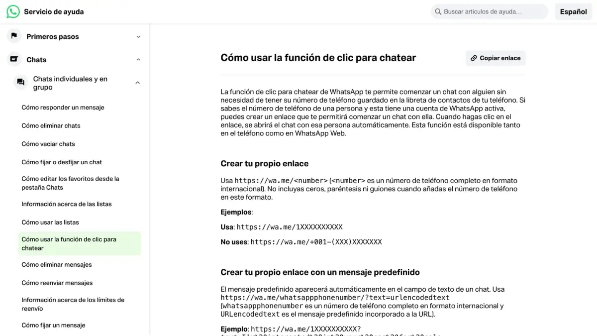 Página de ayuda de WhatsApp sobre la función de clic para chatear y el formato del enlace wa.me