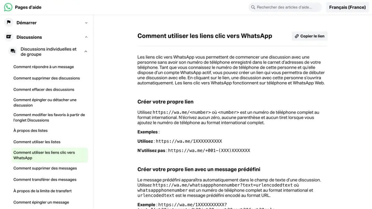 Page d'aide WhatsApp « Comment utiliser les liens clic vers WhatsApp », avec le format du lien wa.me