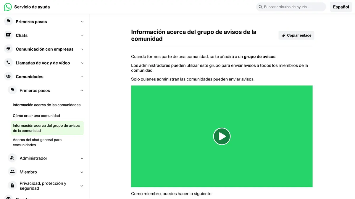 Página del servicio de ayuda de WhatsApp sobre el grupo de avisos de una comunidad