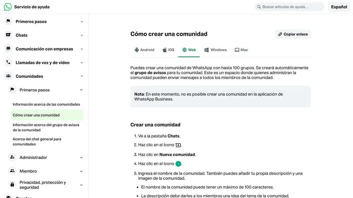 Página del servicio de ayuda de WhatsApp sobre cómo crear una comunidad, con la nota sobre WhatsApp Business