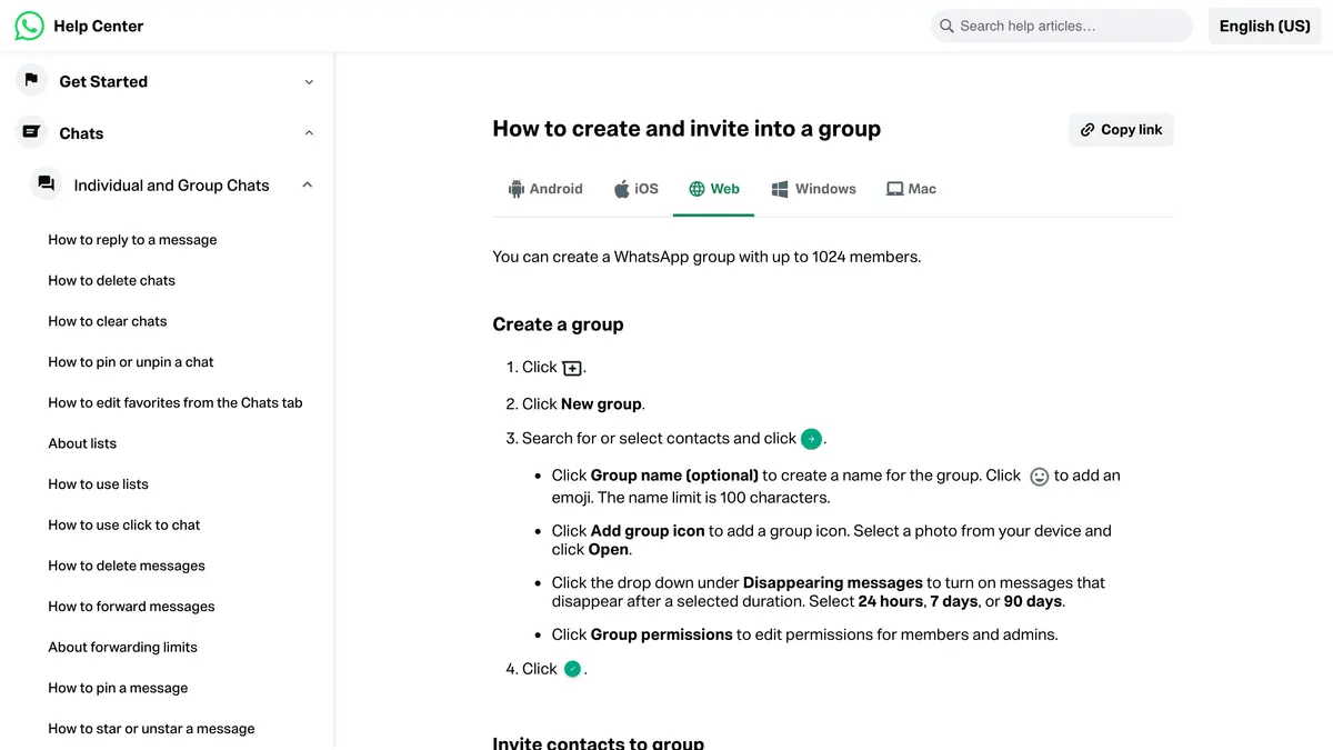 WhatsApp Help Center page explaining how to create a group and invite contacts, step by step