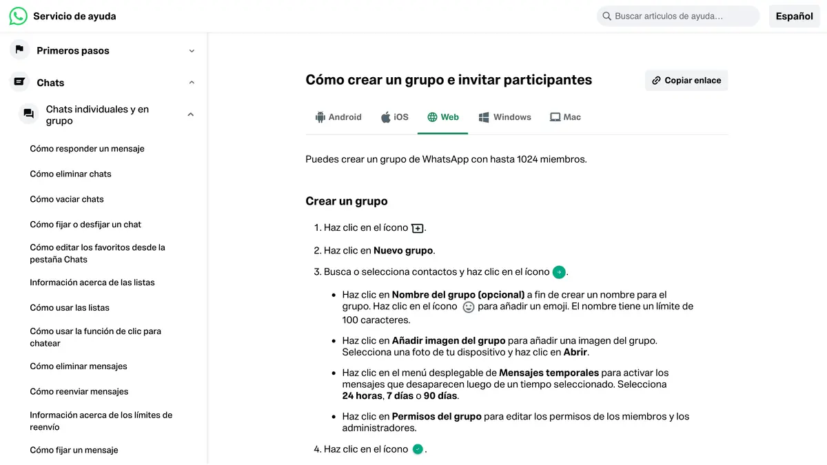 Página del servicio de ayuda de WhatsApp que explica cómo crear un grupo e invitar participantes