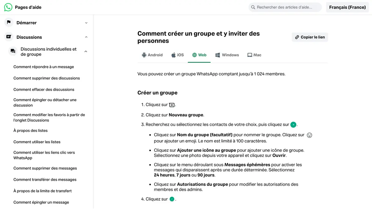 Page d'aide WhatsApp qui explique comment créer un groupe et y inviter des personnes, étape par étape