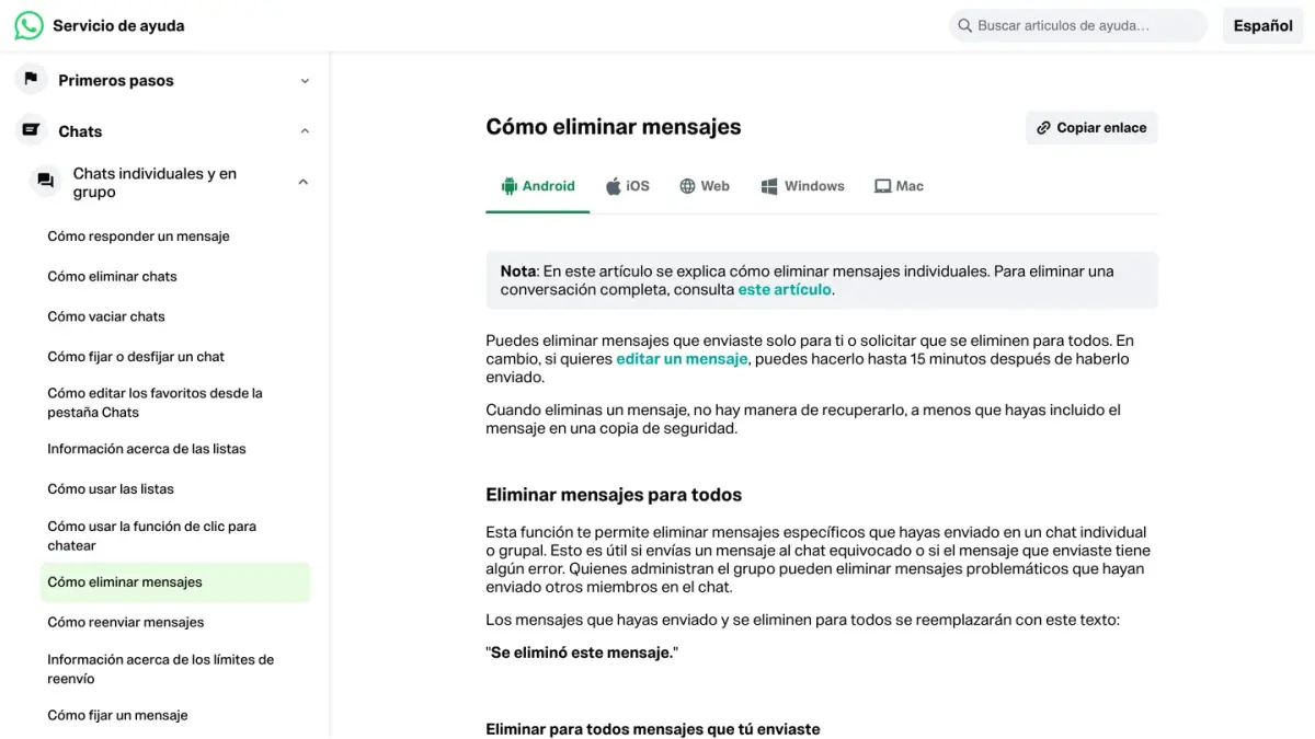 Página del servicio de ayuda de WhatsApp sobre cómo eliminar mensajes para todos, también una encuesta